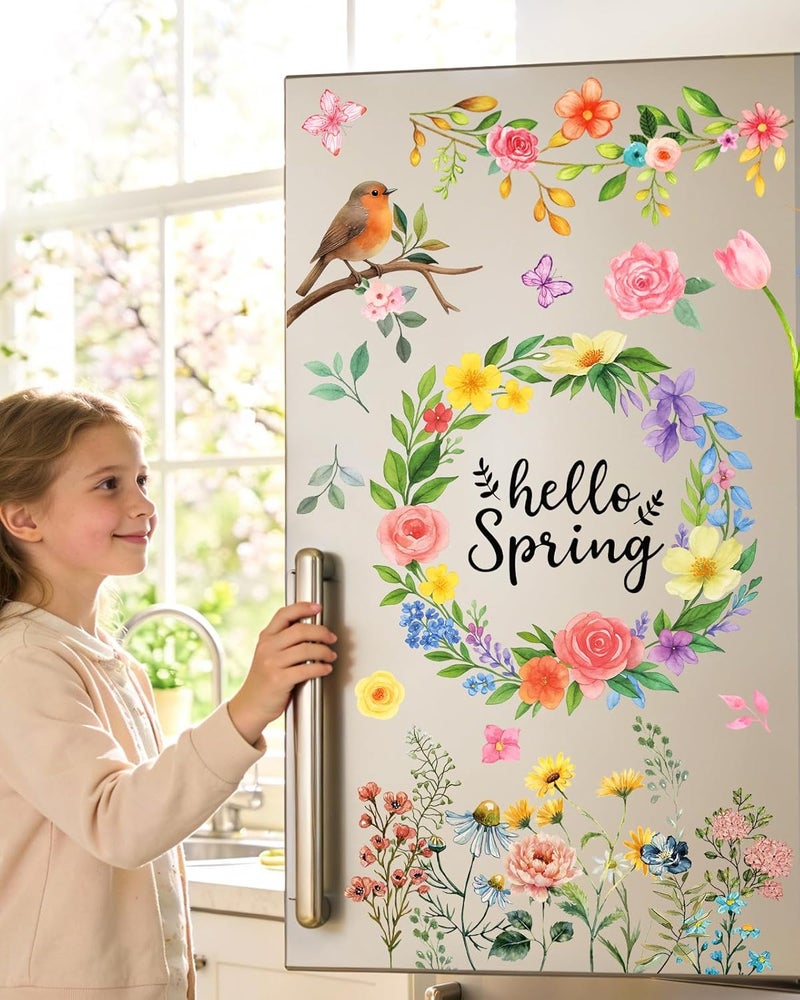 JMHACHY Spring Window Clings - 9 Sheets 121Pcs Reusable Hello Spring Decorations for Glass for Home Office, Birds Flowers Window Stickers for Glass, Double-Sided Large Decals - Image 5